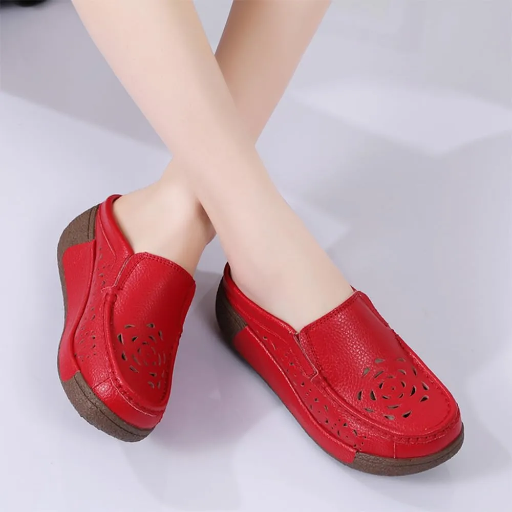 Women's Leather Closed Toe Clogs,Comfort Cutout Arch Support Softsole Slip-On Mules Loafers Slides