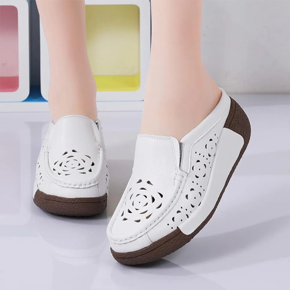 Women's Leather Closed Toe Clogs,Comfort Cutout Arch Support Softsole Slip-On Mules Loafers Slides