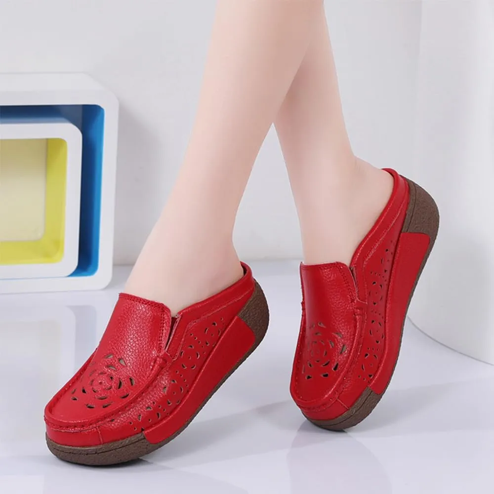 Women's Leather Closed Toe Clogs,Comfort Cutout Arch Support Softsole Slip-On Mules Loafers Slides