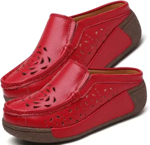 Women's Leather Closed Toe Clogs,Comfort Cutout Arch Support Softsole Slip-On Mules Loafers Slides