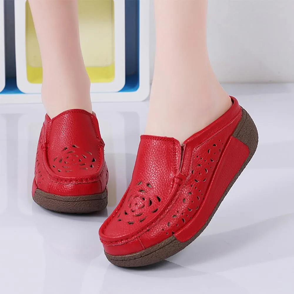 Women's Leather Closed Toe Clogs,Comfort Cutout Arch Support Softsole Slip-On Mules Loafers Slides