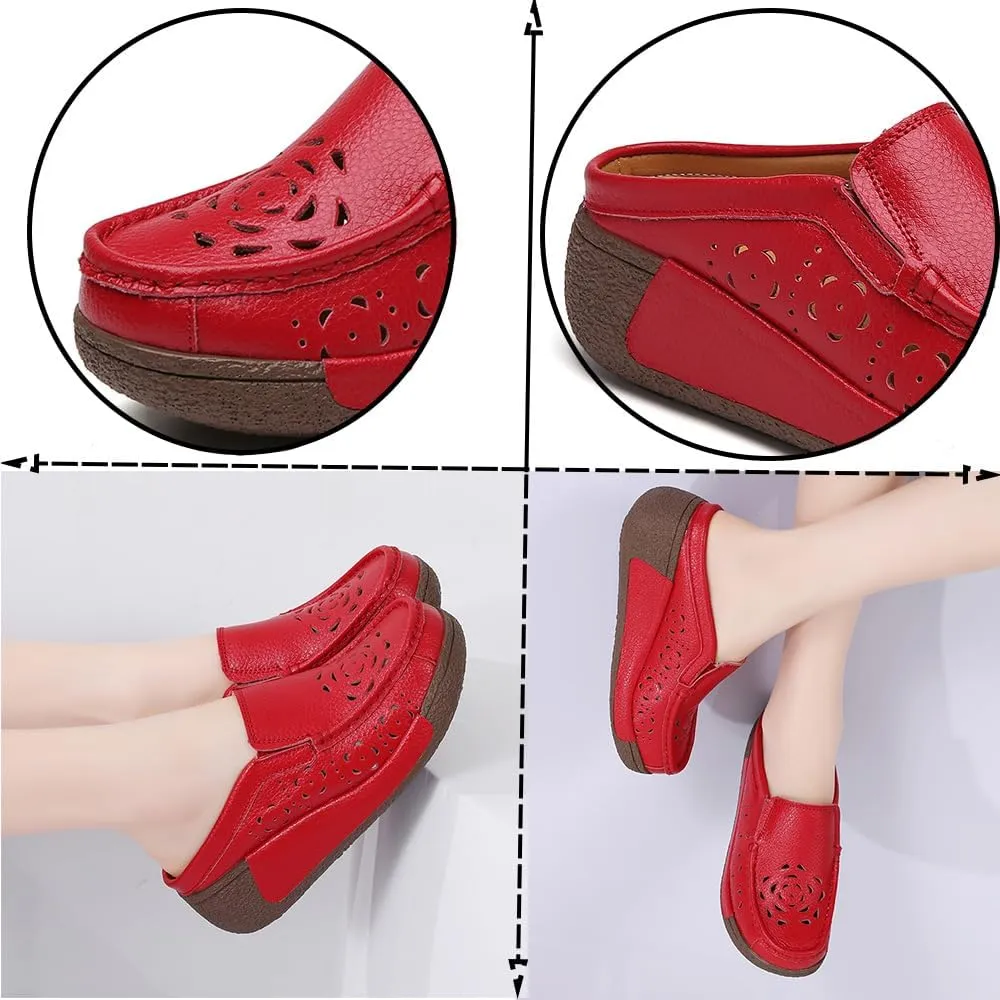 Women's Leather Closed Toe Clogs,Comfort Cutout Arch Support Softsole Slip-On Mules Loafers Slides