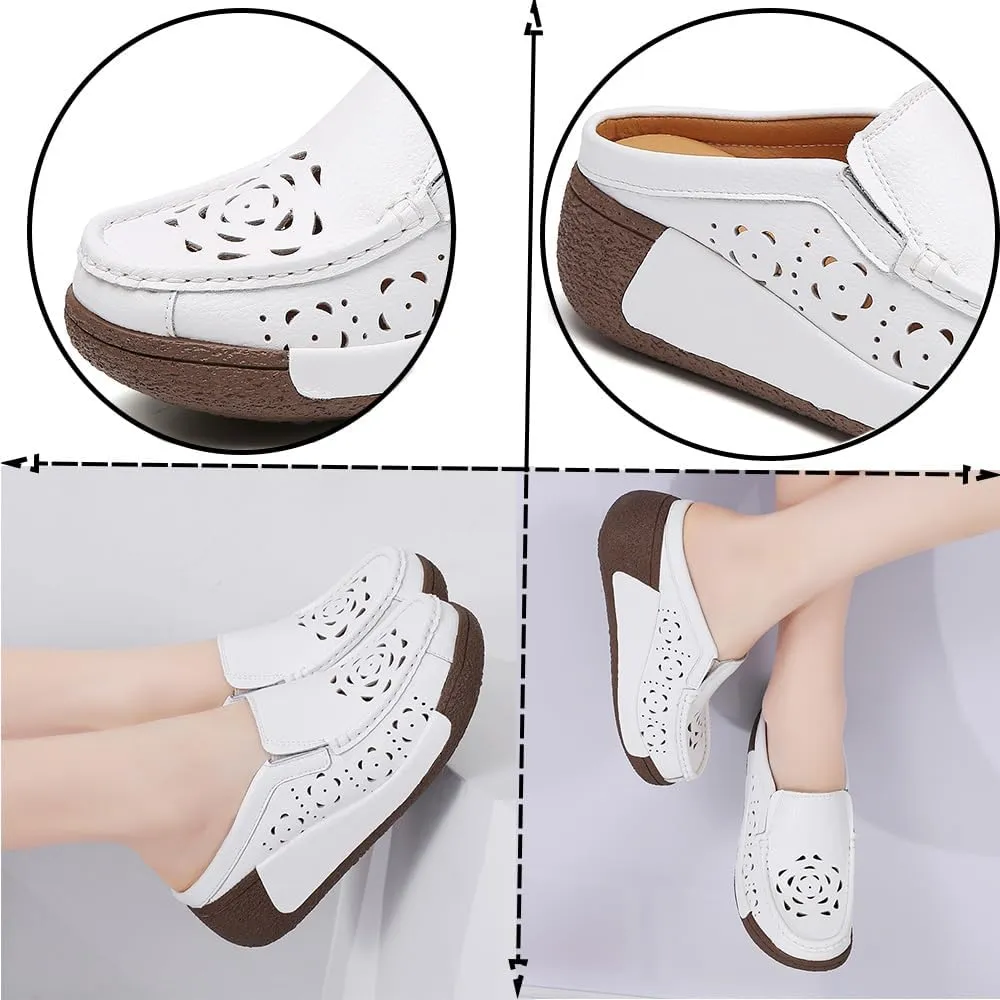 Women's Leather Closed Toe Clogs,Comfort Cutout Arch Support Softsole Slip-On Mules Loafers Slides