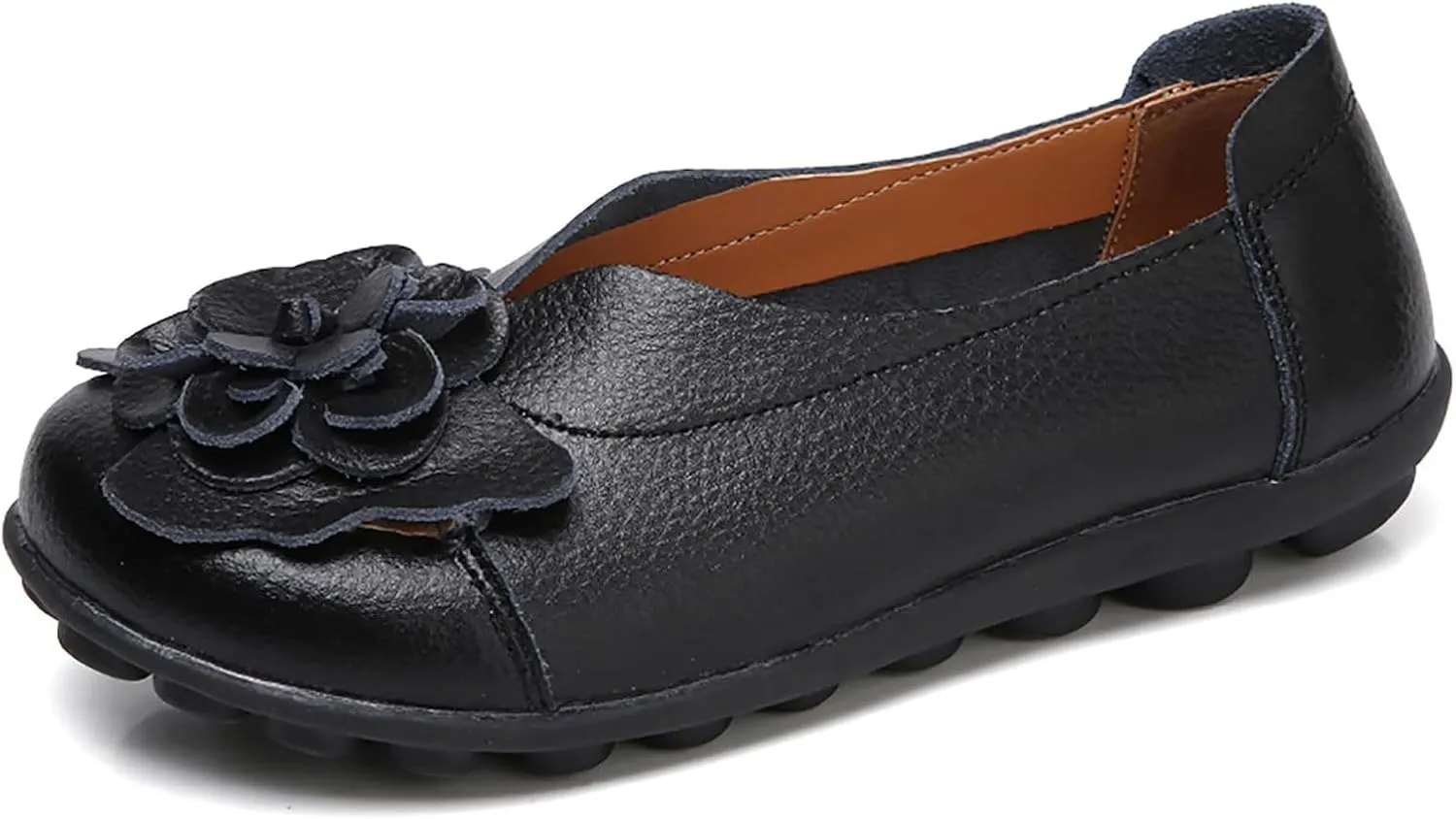 Women's Leather Loafers Comfortable Flat Shoes Slip On Round Toe Wide Width Loafers Comfortable Walking Working Driving Long Standing Fashion Soft Cushion Shoes