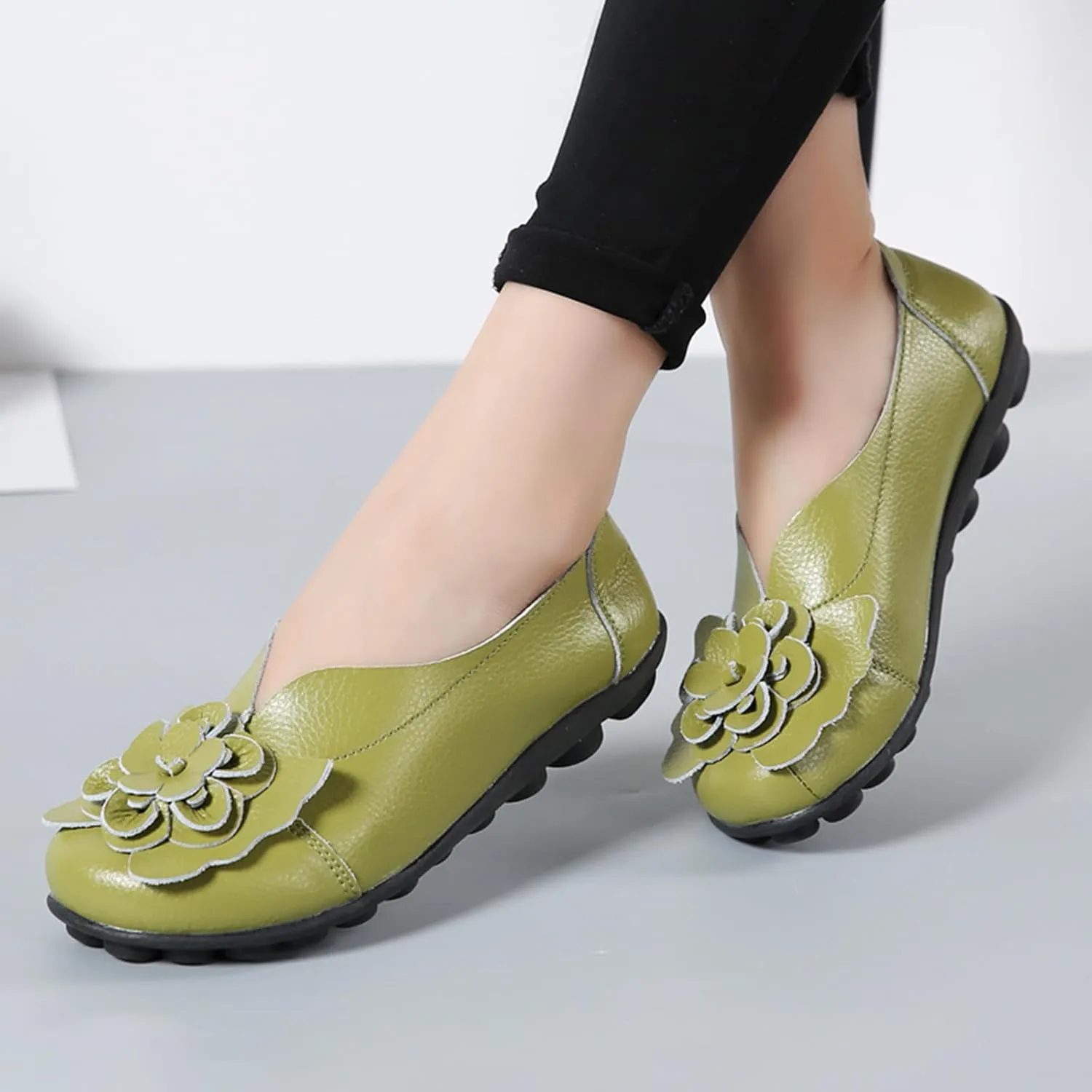 Women's Leather Slip On Loafers,Vintage Handmade Cute Bow Flower Comfy Non-Slip Softsole Walking Casual Dress Pumps