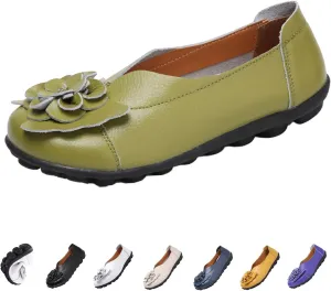 Women's Leather Slip On Loafers,Vintage Handmade Cute Bow Flower Comfy Non-Slip Softsole Walking Casual Dress Pumps