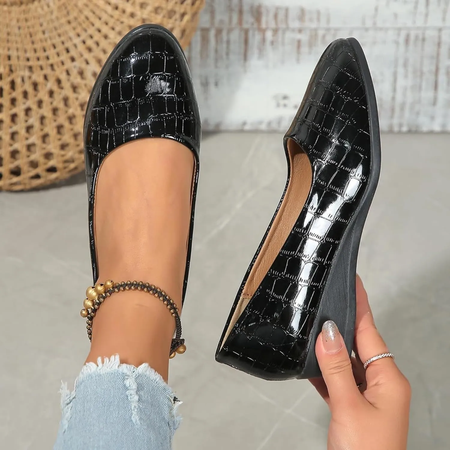 Women's Lightweight Leather Shoes, Shoes for Women Slip on Ladies Low Mid Heel Wedge Casual Work Dolly Ballerina Court Shoe