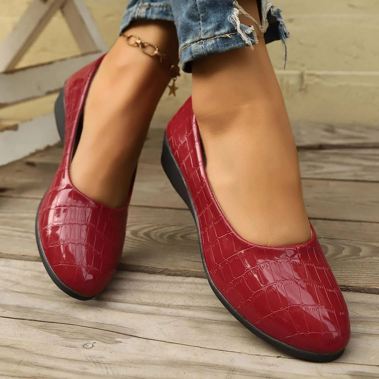 Women's Lightweight Leather Shoes, Shoes for Women Slip on Ladies Low Mid Heel Wedge Casual Work Dolly Ballerina Court Shoe