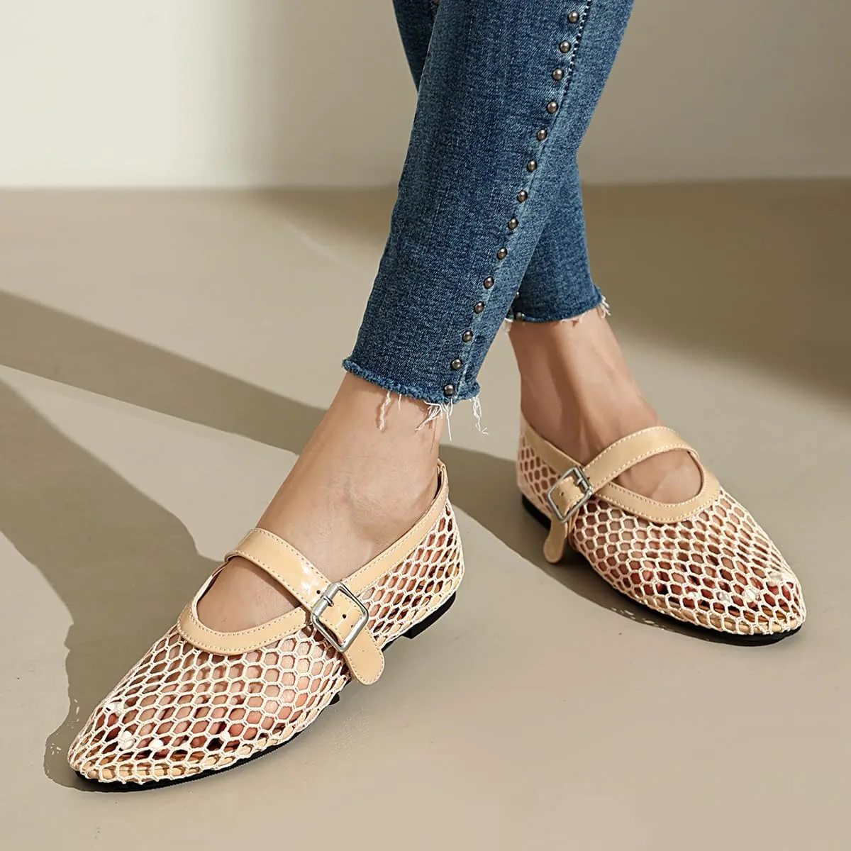 Women's Mesh Ballet Flats Comfy Casual Office Flat Heel Fishnet Ballerina Shoes Round Toe Buckle Strap Mary Jane Flats