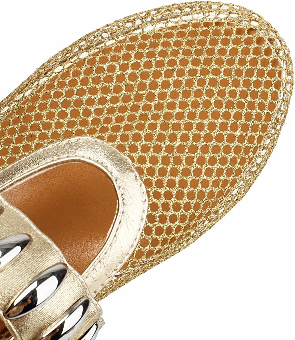 Women's Mesh Ballet Flats Comfy Casual Office Flat Heel Fishnet Ballerina Shoes Round Toe Buckle Strap Mary Jane Flats