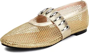 Women's Mesh Ballet Flats Comfy Casual Office Flat Heel Fishnet Ballerina Shoes Round Toe Buckle Strap Mary Jane Flats
