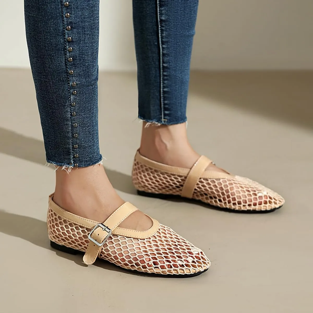 Women's Mesh Ballet Flats Comfy Casual Office Flat Heel Fishnet Ballerina Shoes Round Toe Buckle Strap Mary Jane Flats