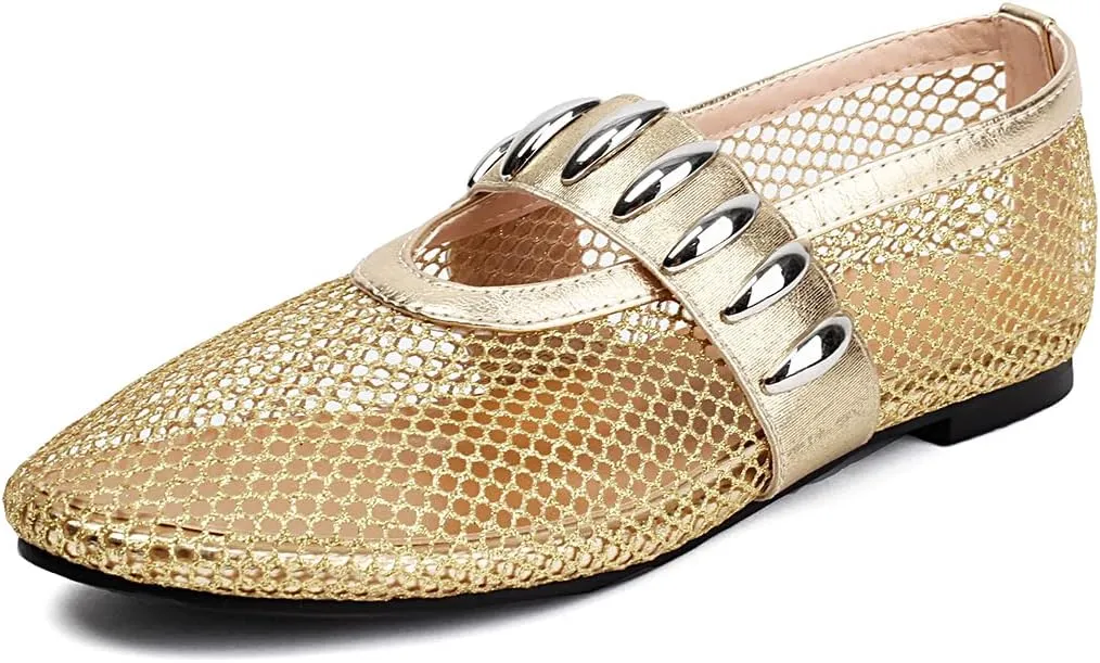 Women's Mesh Ballet Flats Comfy Casual Office Flat Heel Fishnet Ballerina Shoes Round Toe Buckle Strap Mary Jane Flats