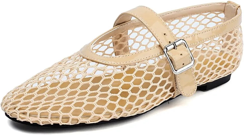 Women's Mesh Ballet Flats Comfy Casual Office Flat Heel Fishnet Ballerina Shoes Round Toe Buckle Strap Mary Jane Flats
