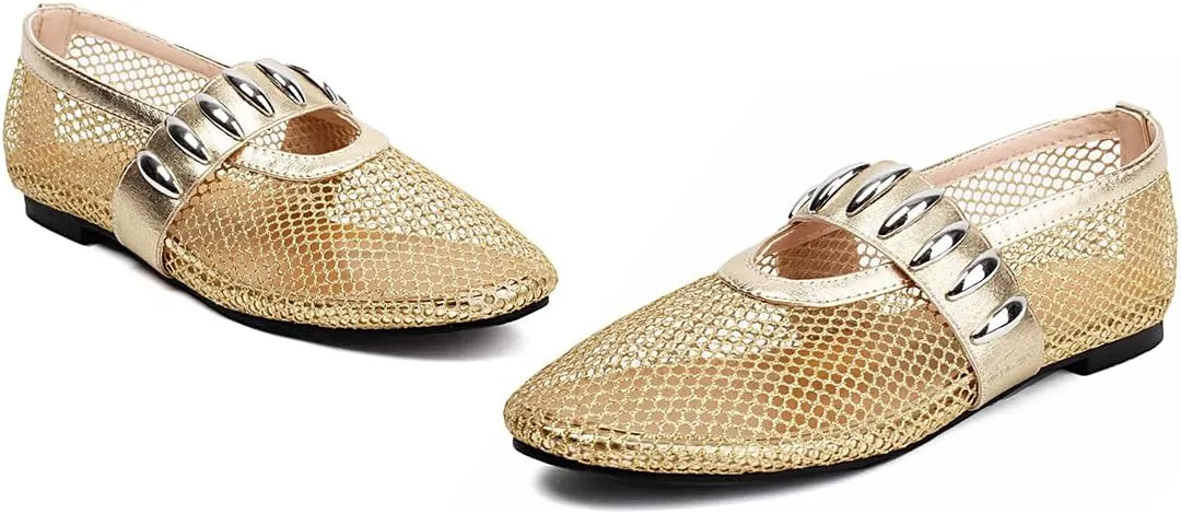Women's Mesh Ballet Flats Comfy Casual Office Flat Heel Fishnet Ballerina Shoes Round Toe Buckle Strap Mary Jane Flats
