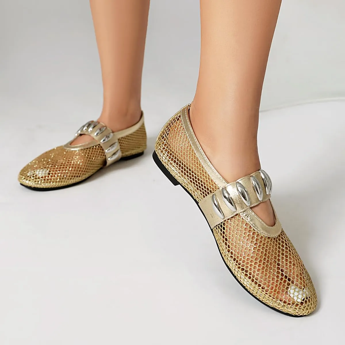 Women's Mesh Ballet Flats Comfy Casual Office Flat Heel Fishnet Ballerina Shoes Round Toe Buckle Strap Mary Jane Flats