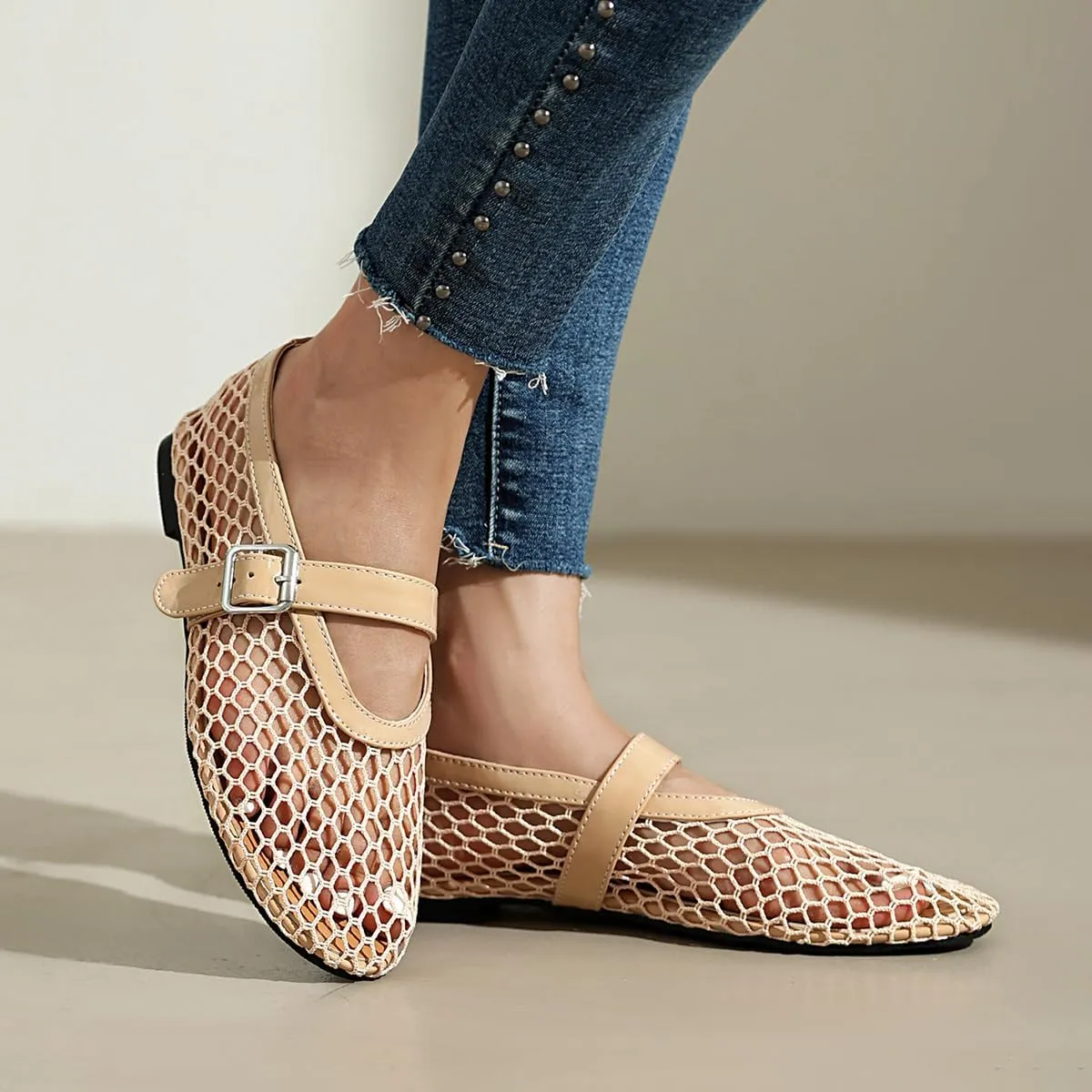 Women's Mesh Ballet Flats Comfy Casual Office Flat Heel Fishnet Ballerina Shoes Round Toe Buckle Strap Mary Jane Flats