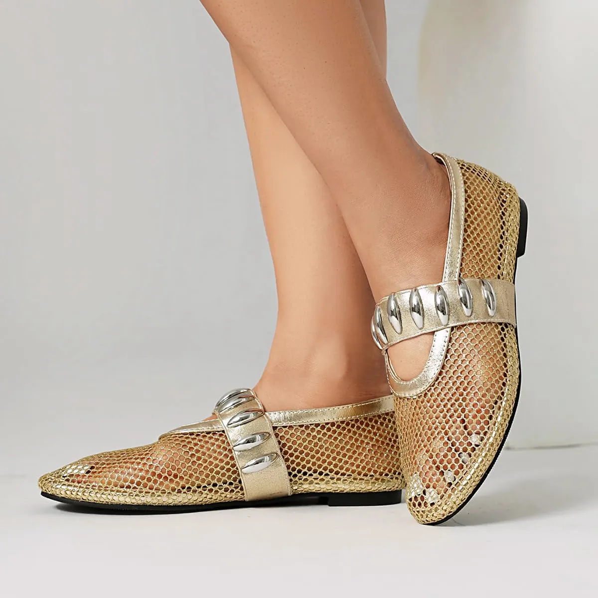 Women's Mesh Ballet Flats Comfy Casual Office Flat Heel Fishnet Ballerina Shoes Round Toe Buckle Strap Mary Jane Flats