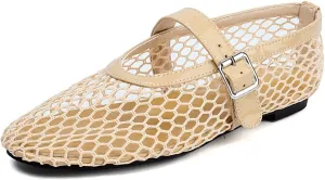 Women's Mesh Ballet Flats Comfy Casual Office Flat Heel Fishnet Ballerina Shoes Round Toe Buckle Strap Mary Jane Flats