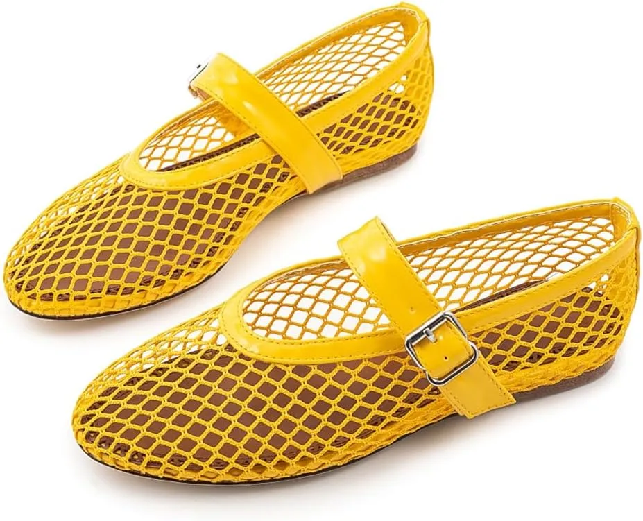 Women's Mesh Ballet Flats Mary Jane Ballerina Buckle Ankle Strap Round Toe Comfy Casual Office Shoes Closed Toe Dress Pumps