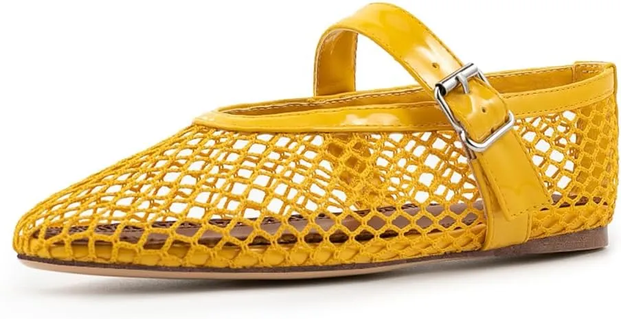 Women's Mesh Ballet Flats Mary Jane Ballerina Buckle Ankle Strap Round Toe Comfy Casual Office Shoes Closed Toe Dress Pumps