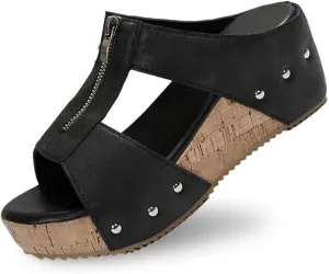 Women's Platform Sandals Breathable Summer Orthotic Leather Platform Wedge Sandals Zipper Arch Support Beach Slides Dressy Summer Slip On Slippers for All Day