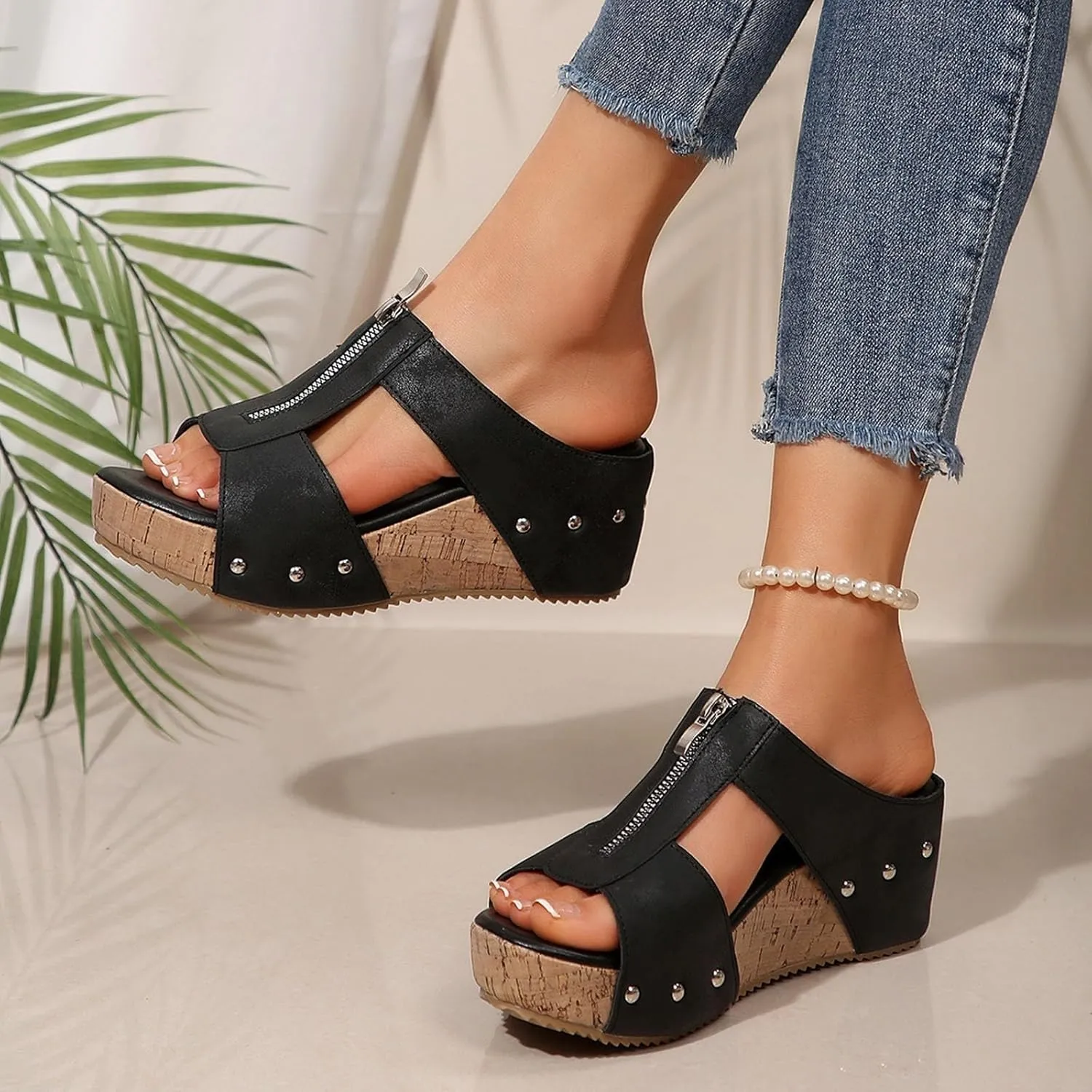 Women's Platform Sandals Breathable Summer Orthotic Leather Platform Wedge Sandals Zipper Arch Support Beach Slides Dressy Summer Slip On Slippers for All Day