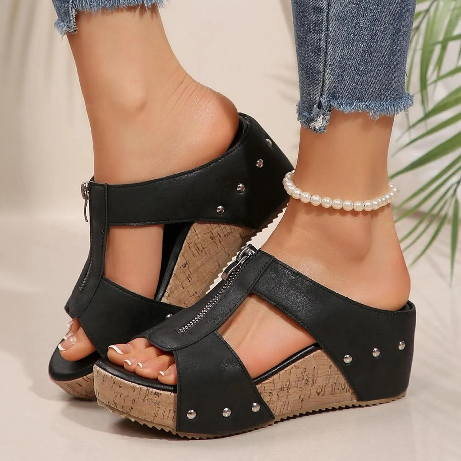 Women's Platform Sandals Breathable Summer Orthotic Leather Platform Wedge Sandals Zipper Arch Support Beach Slides Dressy Summer Slip On Slippers for All Day