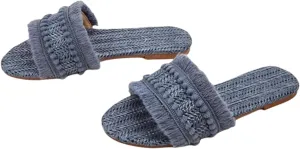 Women's Raffia Sandals Straw Woven Flats Fringe Crochet Nonslip Comfy Beach Slides for Summer