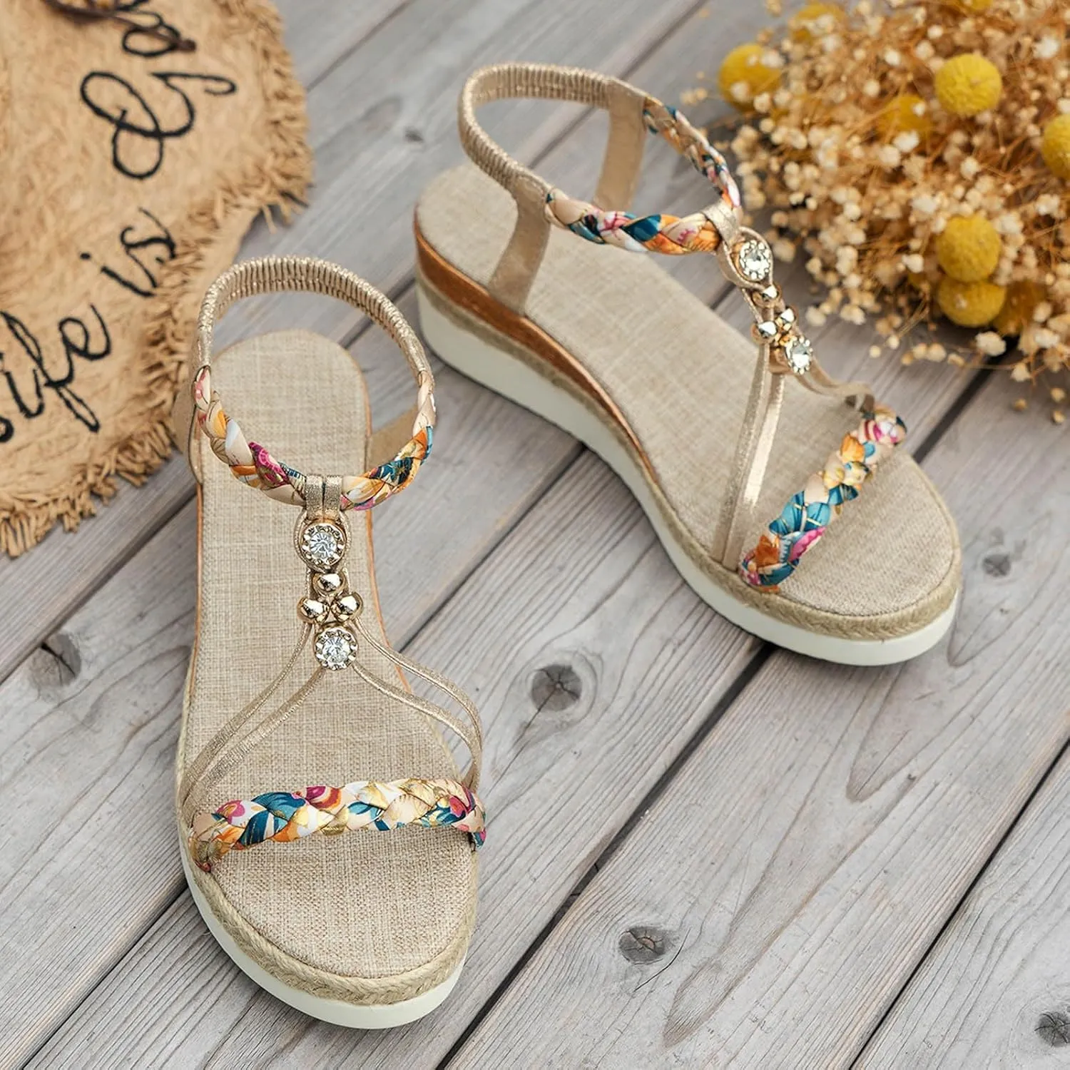 Women's Rhinestone Open Toe High Heel Roman Summer Platform Sandals Summer Low Wedges Comfortable Open Toe Sandals Elastic Ankle Strap Beach Walking Sandals