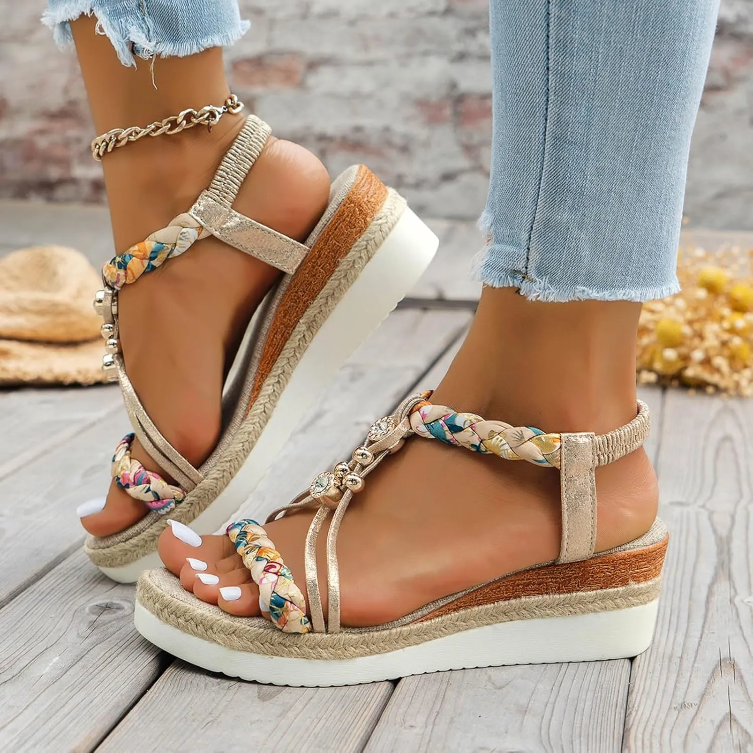 Women's Rhinestone Open Toe High Heel Roman Summer Platform Sandals Summer Low Wedges Comfortable Open Toe Sandals Elastic Ankle Strap Beach Walking Sandals