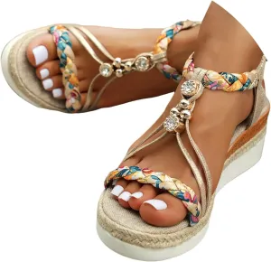 Women's Rhinestone Open Toe High Heel Roman Summer Platform Sandals Summer Low Wedges Comfortable Open Toe Sandals Elastic Ankle Strap Beach Walking Sandals