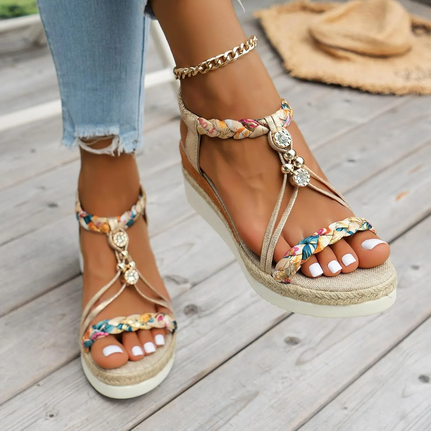 Women's Rhinestone Open Toe High Heel Roman Summer Platform Sandals Summer Low Wedges Comfortable Open Toe Sandals Elastic Ankle Strap Beach Walking Sandals