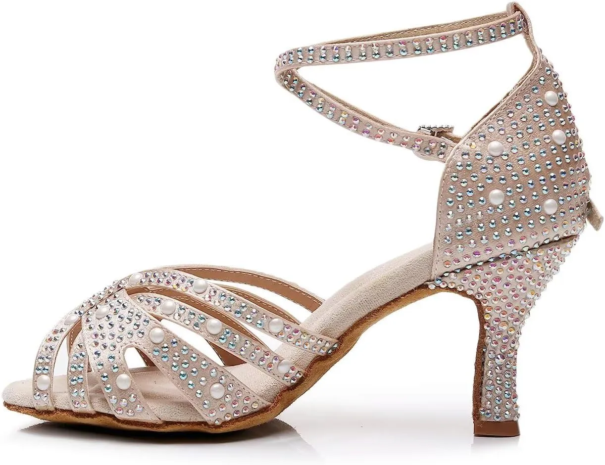 Women’s Rhinestone Salsa Latin Dance Shoes Ballroom Satin Dance Shoe Bachata Practice Dancing Shoes