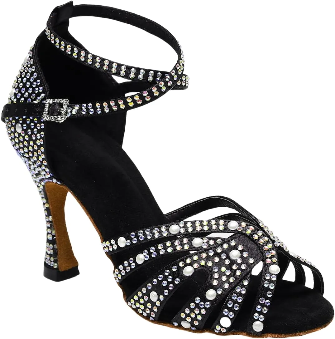 Women’s Rhinestone Salsa Latin Dance Shoes Ballroom Satin Dance Shoe Bachata Practice Dancing Shoes