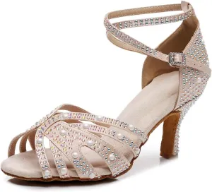 Women’s Rhinestone Salsa Latin Dance Shoes Ballroom Satin Dance Shoe Bachata Practice Dancing Shoes