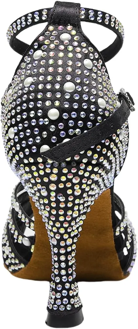 Women’s Rhinestone Salsa Latin Dance Shoes Ballroom Satin Dance Shoe Bachata Practice Dancing Shoes