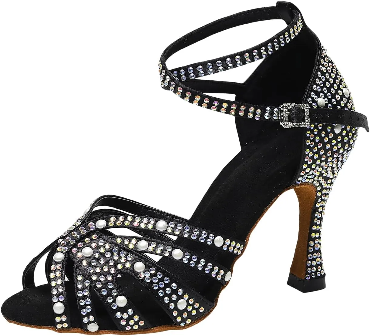Women’s Rhinestone Salsa Latin Dance Shoes Ballroom Satin Dance Shoe Bachata Practice Dancing Shoes