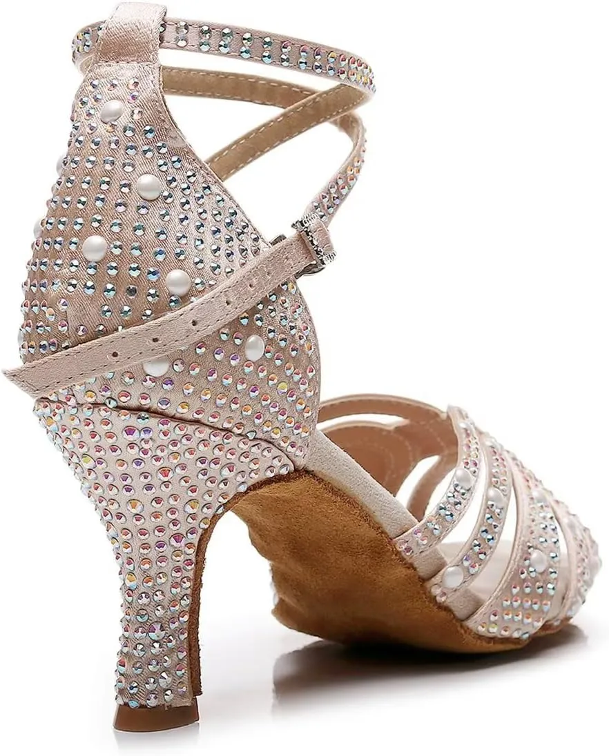 Women’s Rhinestone Salsa Latin Dance Shoes Ballroom Satin Dance Shoe Bachata Practice Dancing Shoes