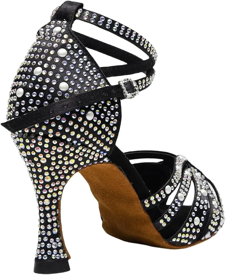 Women’s Rhinestone Salsa Latin Dance Shoes Ballroom Satin Dance Shoe Bachata Practice Dancing Shoes