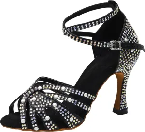 Women’s Rhinestone Salsa Latin Dance Shoes Ballroom Satin Dance Shoe Bachata Practice Dancing Shoes
