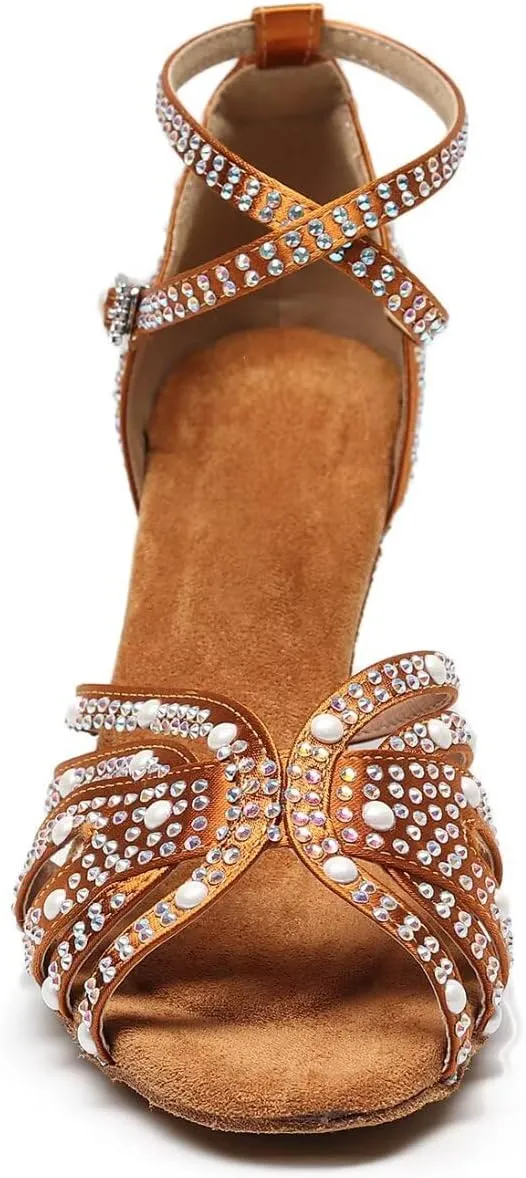 Women’s Rhinestone Salsa Latin Dance Shoes Ballroom Satin Dance Shoe Bachata Practice Dancing Shoes