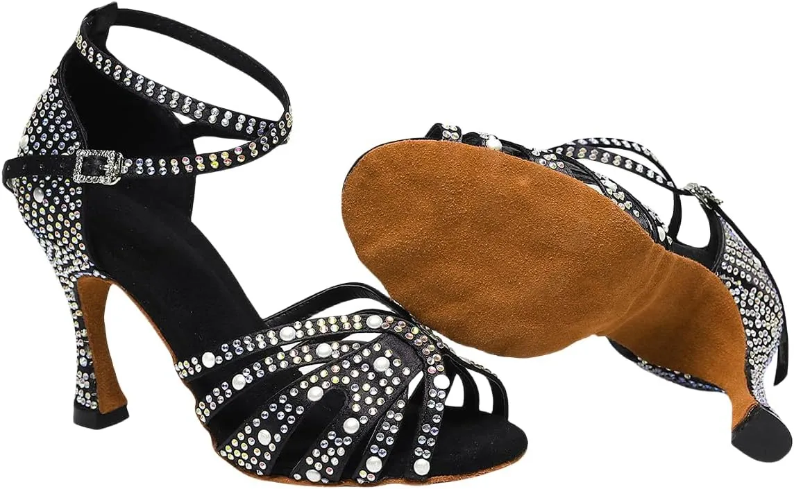 Women’s Rhinestone Salsa Latin Dance Shoes Ballroom Satin Dance Shoe Bachata Practice Dancing Shoes
