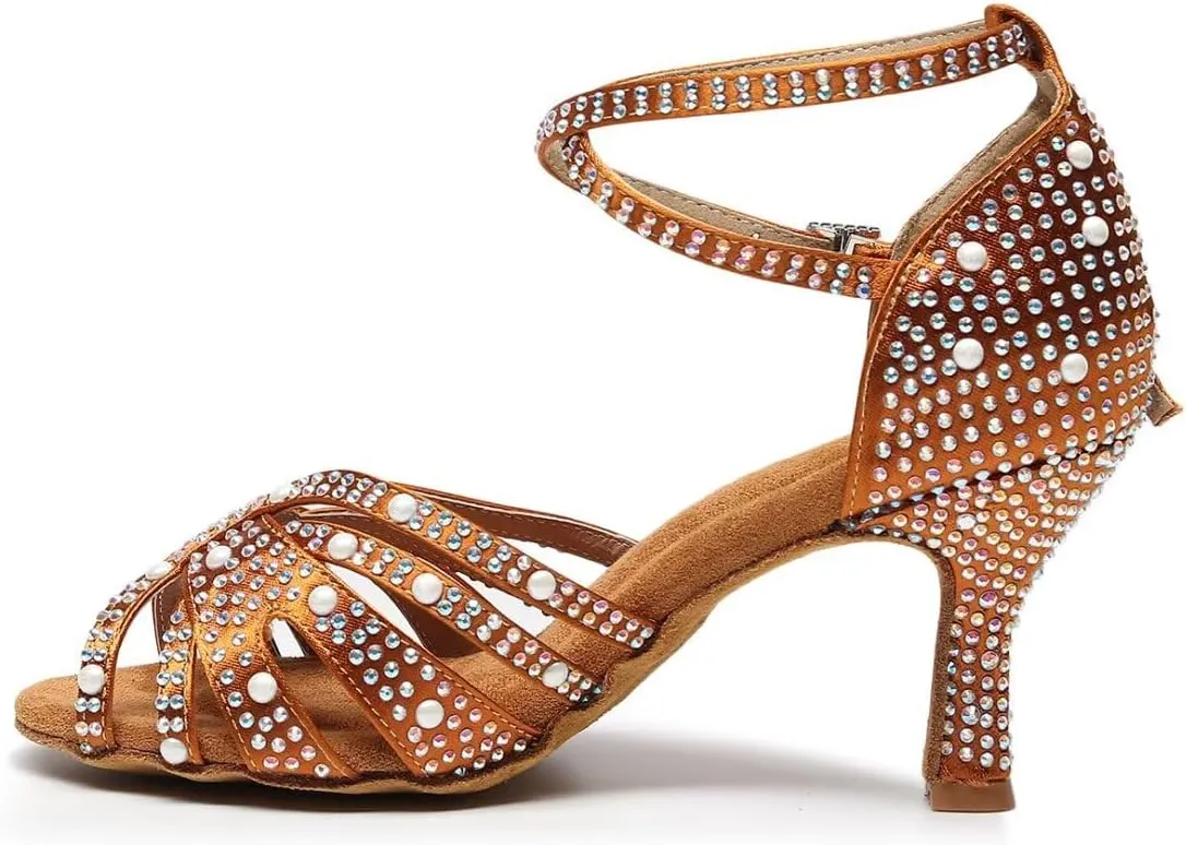 Women’s Rhinestone Salsa Latin Dance Shoes Ballroom Satin Dance Shoe Bachata Practice Dancing Shoes