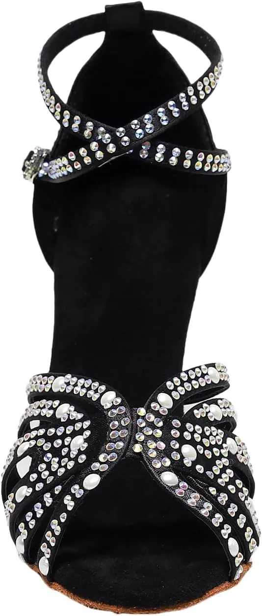 Women’s Rhinestone Salsa Latin Dance Shoes Ballroom Satin Dance Shoe Bachata Practice Dancing Shoes