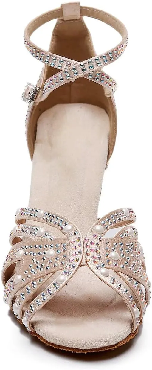 Women’s Rhinestone Salsa Latin Dance Shoes Ballroom Satin Dance Shoe Bachata Practice Dancing Shoes