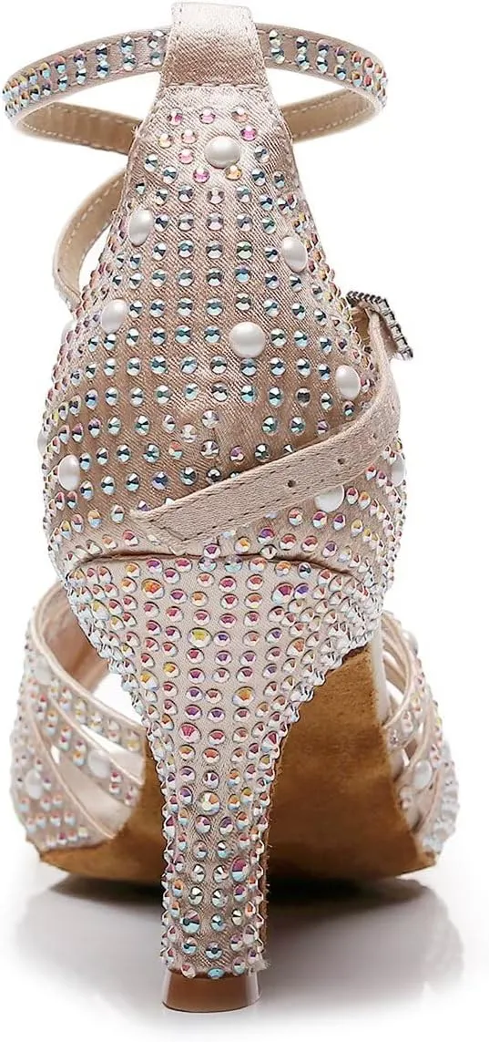Women’s Rhinestone Salsa Latin Dance Shoes Ballroom Satin Dance Shoe Bachata Practice Dancing Shoes