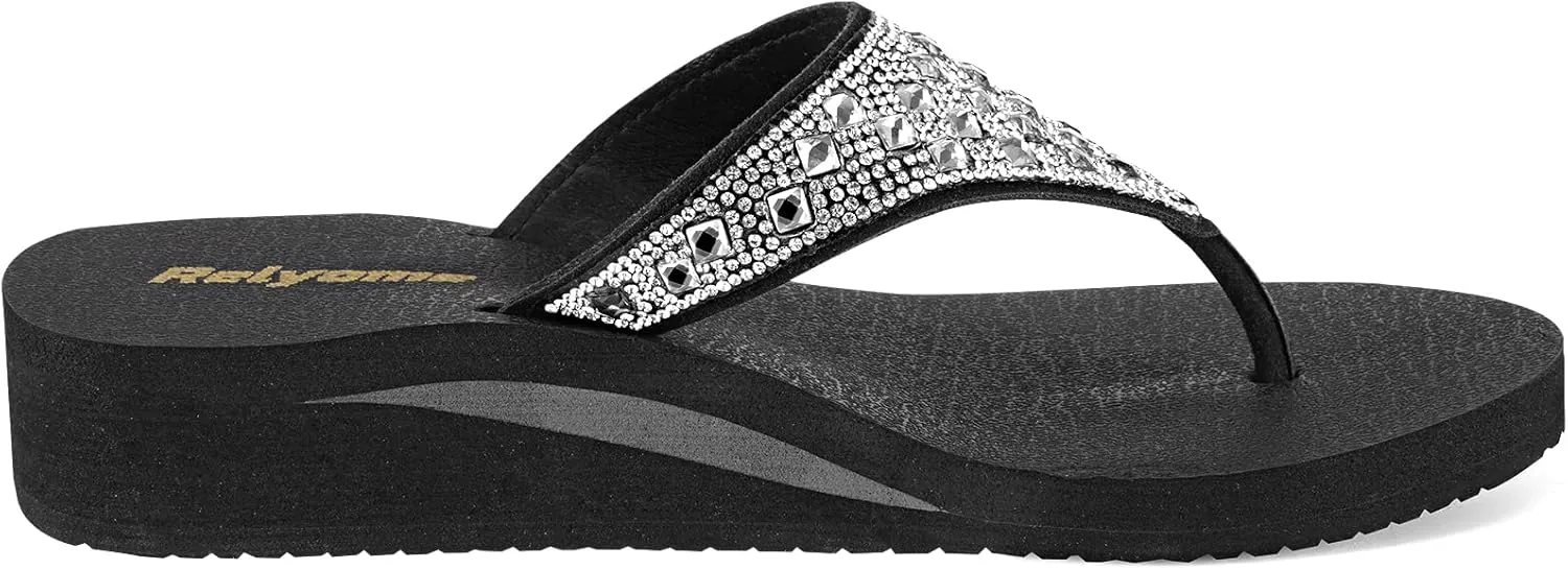 Womens Rhinestones Flip Flops Arch Support Mid Platform Bling Comfortable Flip-flops Jewel Dressy Thong Sandals