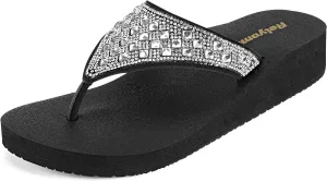 Womens Rhinestones Flip Flops Arch Support Mid Platform Bling Comfortable Flip-flops Jewel Dressy Thong Sandals