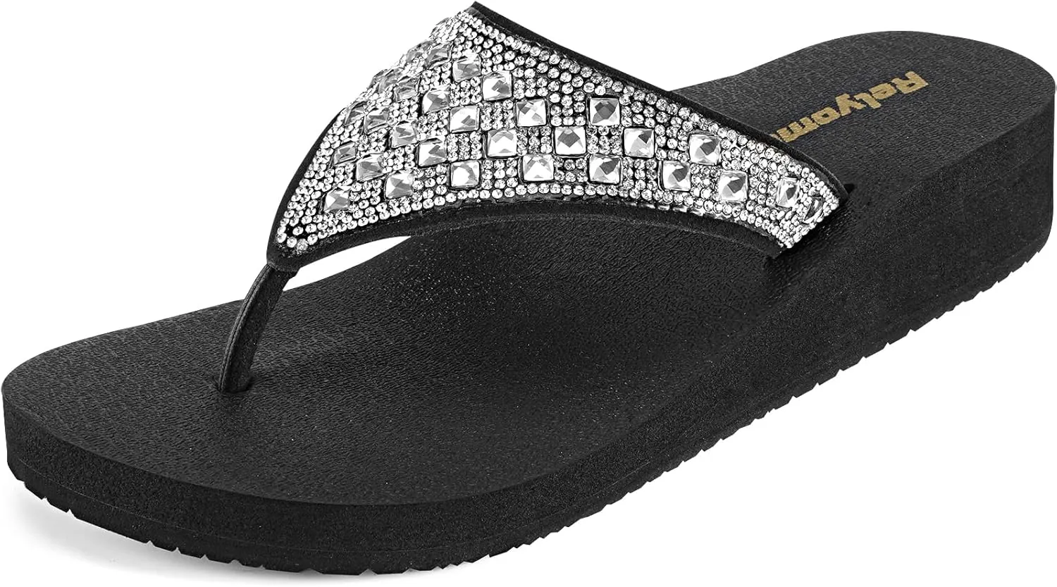 Womens Rhinestones Flip Flops Arch Support Mid Platform Bling Comfortable Flip-flops Jewel Dressy Thong Sandals